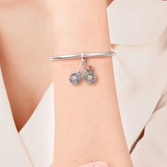 925 Sterling Silver & Colorful Cubic Zirconia Bicycle Charm/Pendant - NWT - Picture 3 of 7
